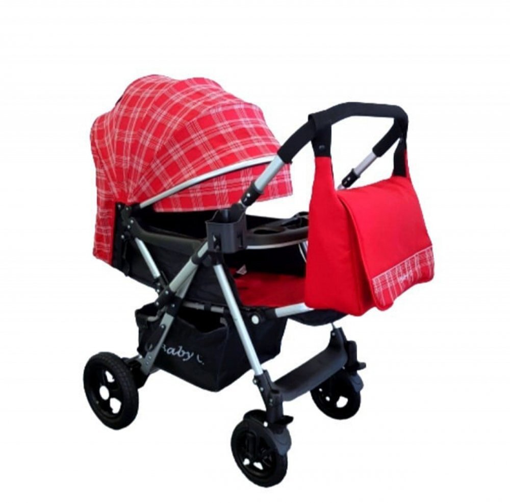 Baby Care Carucior pentru copii Pro 511 Rosu cu carouri 2 in 1 cu geanta inclusa Cadru aluminiu Maner reversibil Spatar reglabil in 5 trepte Amortizoare Plasa insecte Frana picior