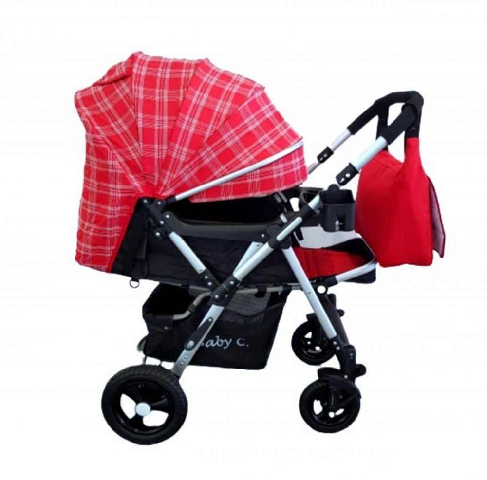 Baby Care Carucior pentru copii Pro 511 Rosu cu carouri 2 in 1 cu geanta inclusa Cadru aluminiu Maner reversibil Spatar reglabil in 5 trepte Amortizoare Plasa insecte Frana picior