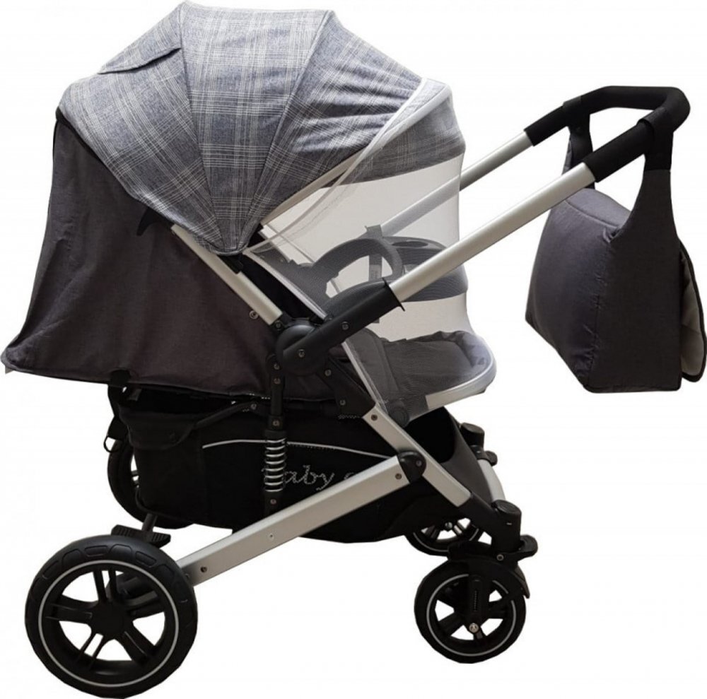 Baby Care Carucior pentru copii Pro 512 Gri Carouri cu Suspensii Cadru aluminiu Silver Maner reversibil Spatar reglabil in 5 trepte Frana picior Plasa insecte Geanta