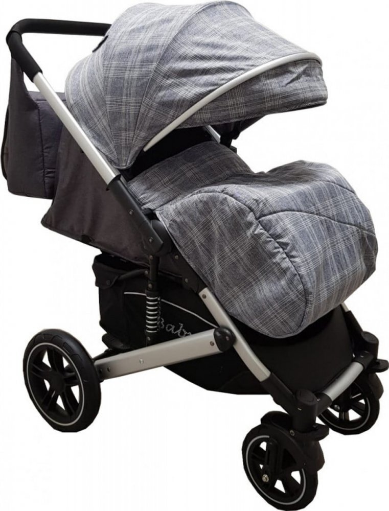 Baby Care Carucior pentru copii Pro 512 Gri Carouri cu Suspensii Cadru aluminiu Silver Maner reversibil Spatar reglabil in 5 trepte Frana picior Plasa insecte Geanta