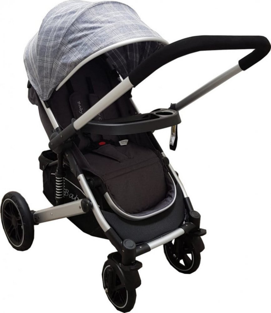 Baby Care Carucior pentru copii Pro 512 Gri Carouri cu Suspensii Cadru aluminiu Silver Maner reversibil Spatar reglabil in 5 trepte Frana picior Plasa insecte Geanta