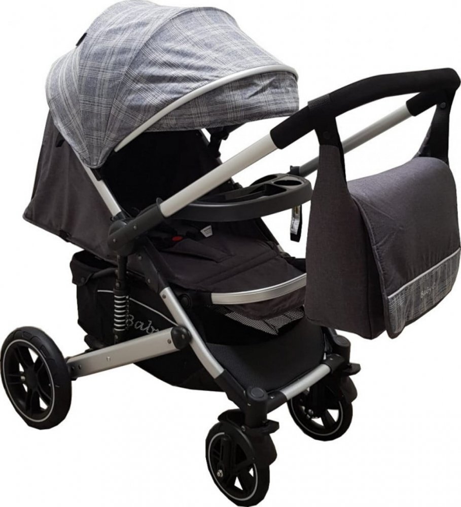 Baby Care Carucior pentru copii Pro 512 Gri Carouri cu Suspensii Cadru aluminiu Silver Maner reversibil Spatar reglabil in 5 trepte Frana picior Plasa insecte Geanta