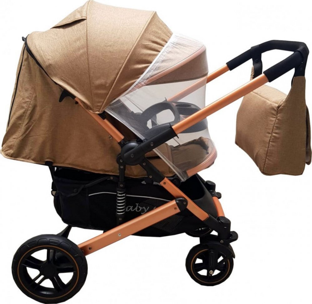 Baby Care Carucior pentru copii Pro 512 Maro Gold cu Suspensii Cadru aluminiu Gold Maner reversibil Spatar reglabil in 5 trepte Frana picior Plasa insecte Geanta