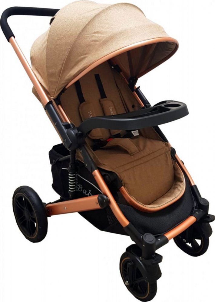 Baby Care Carucior pentru copii Pro 512 Maro Gold cu Suspensii Cadru aluminiu Gold Maner reversibil Spatar reglabil in 5 trepte Frana picior Plasa insecte Geanta