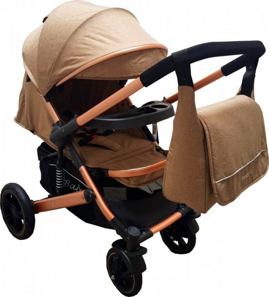 Baby Care Carucior pentru copii Pro 512 Maro Gold cu Suspensii Cadru aluminiu Gold Maner reversibil Spatar reglabil in 5 trepte Frana picior Plasa insecte Geanta