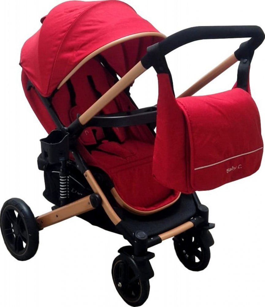 Baby Care Carucior pentru copii Pro 512 Rosu cu Suspensii Cadru aluminiu Gold Maner reversibil Spatar reglabil in 5 trepte Frana picior Plasa insecte Geanta