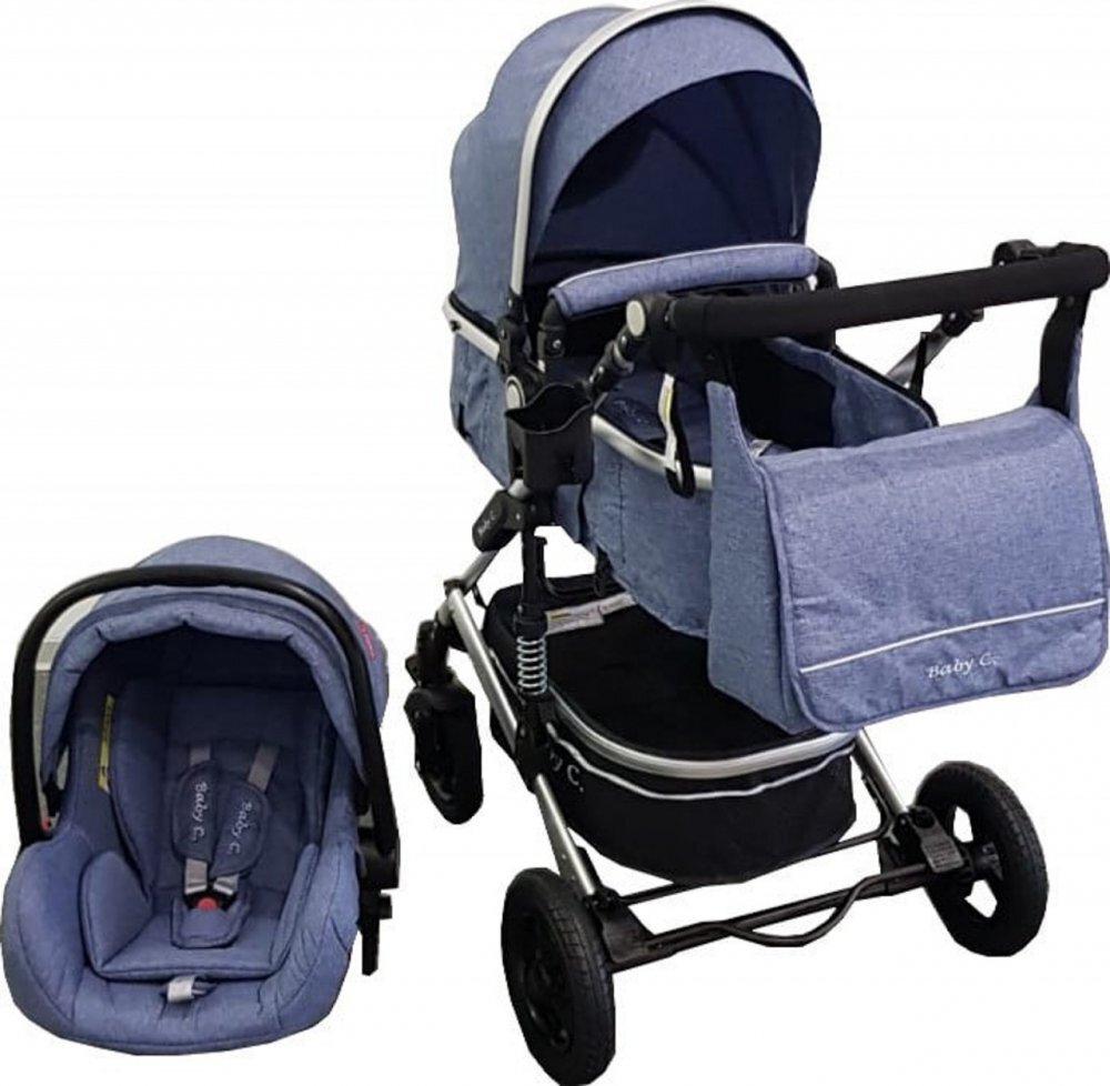 Baby Care Carucior pentru copii Pro 530 Albastru Jeans 3 in 1 Transformabil Cadru Aluminiu Amortizoare Roti din cauciuc Spatar reglabil 3 trepte Plasa insecte Geanta