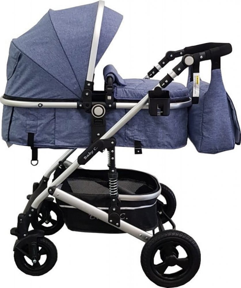 Baby Care Carucior pentru copii Pro 530 Albastru Jeans 3 in 1 Transformabil Cadru Aluminiu Amortizoare Roti din cauciuc Spatar reglabil 3 trepte Plasa insecte Geanta