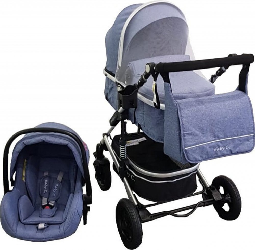Baby Care Carucior pentru copii Pro 530 Albastru Jeans 3 in 1 Transformabil Cadru Aluminiu Amortizoare Roti din cauciuc Spatar reglabil 3 trepte Plasa insecte Geanta