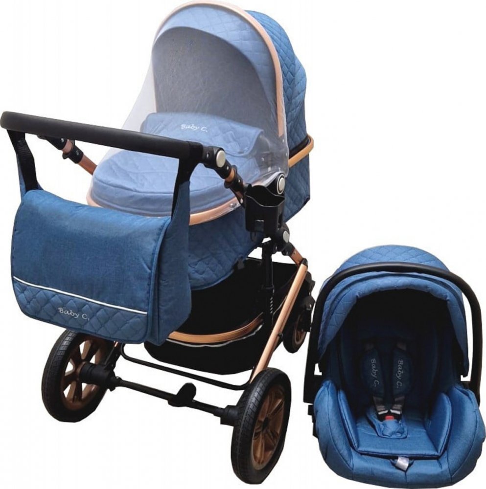 Baby Care Carucior pentru copii Pro 530 Bleumarin 3 in 1 Transformabil Cadru Aluminiu Amortizoare Roti din cauciuc Spatar reglabil 3 trepte Plasa insecte Geanta