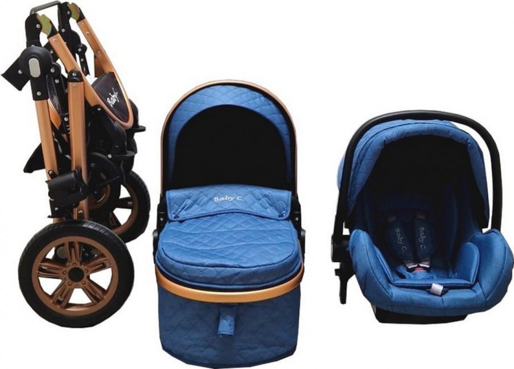 Baby Care Carucior pentru copii Pro 530 Bleumarin 3 in 1 Transformabil Cadru Aluminiu Amortizoare Roti din cauciuc Spatar reglabil 3 trepte Plasa insecte Geanta