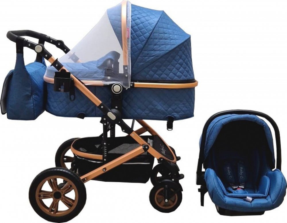 Baby Care Carucior pentru copii Pro 530 Bleumarin 3 in 1 Transformabil Cadru Aluminiu Amortizoare Roti din cauciuc Spatar reglabil 3 trepte Plasa insecte Geanta