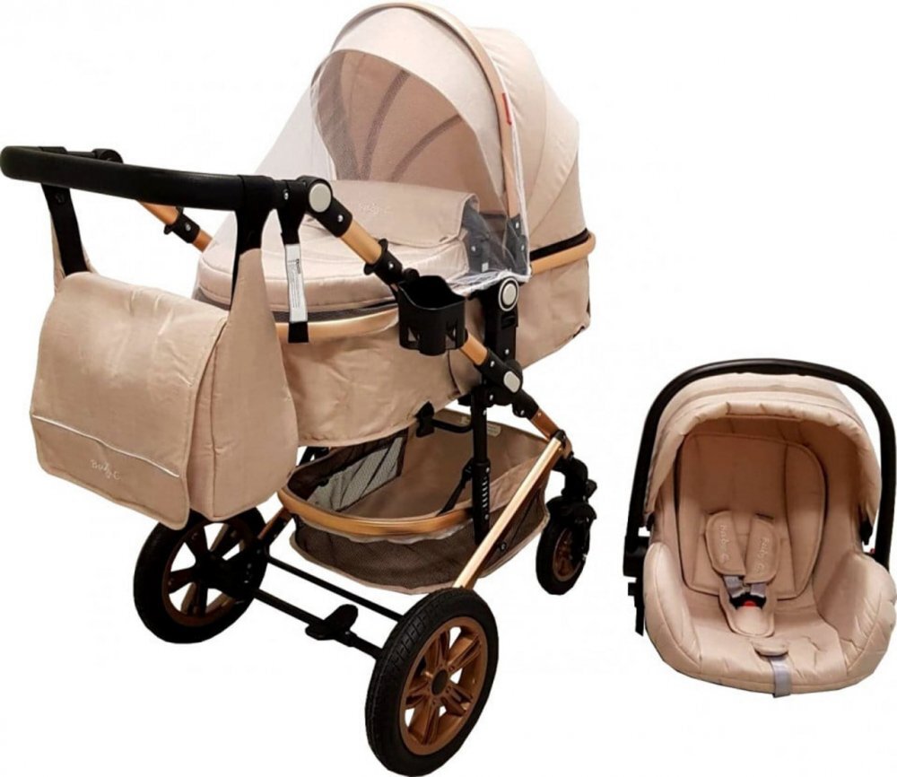 Baby Care Carucior pentru copii Pro 530 Crem 3 in 1 Transformabil Cadru Aluminiu Amortizoare Roti din cauciuc Spatar reglabil 3 trepte Plasa insecte Geanta