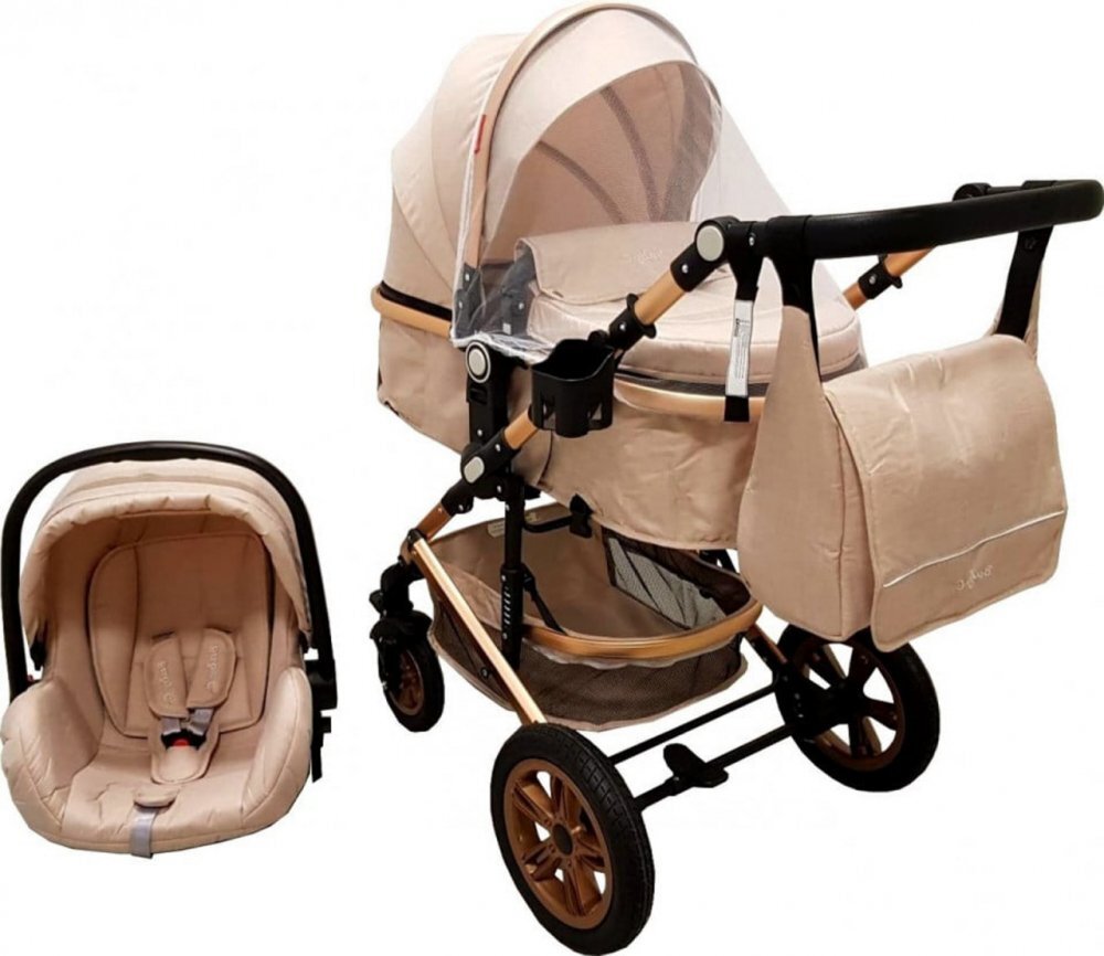 Baby Care Carucior pentru copii Pro 530 Crem 3 in 1 Transformabil Cadru Aluminiu Amortizoare Roti din cauciuc Spatar reglabil 3 trepte Plasa insecte Geanta