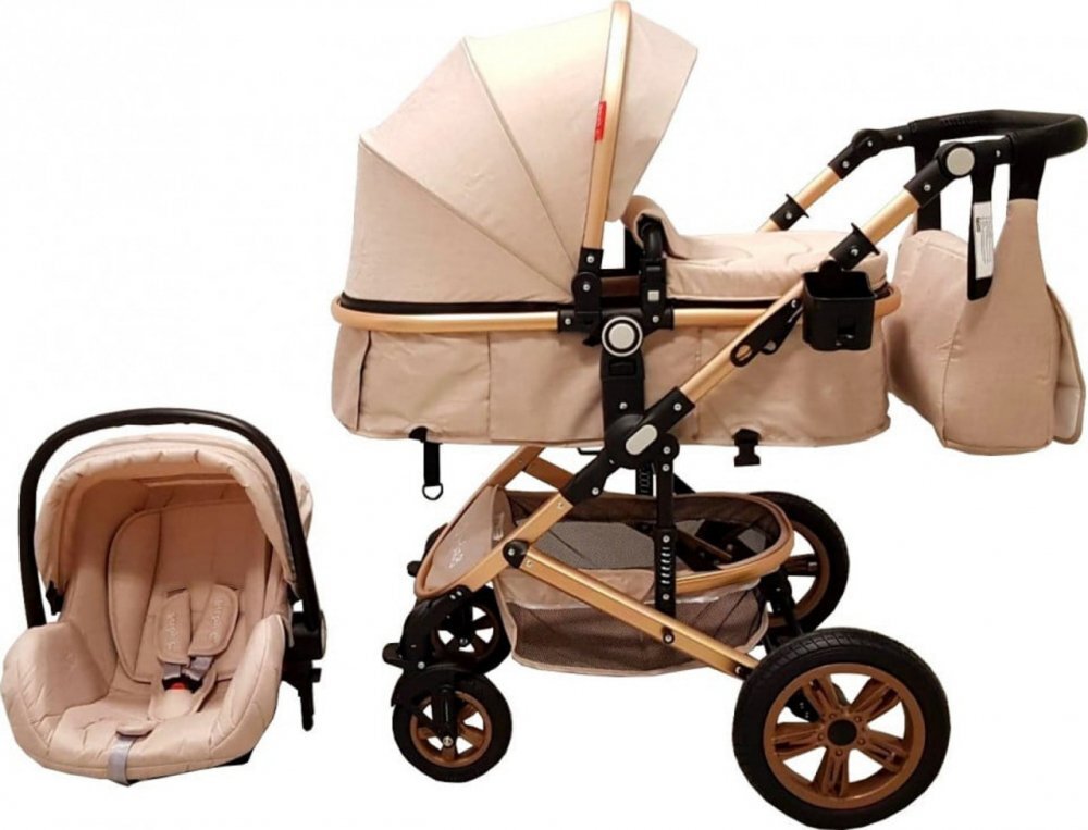 Baby Care Carucior pentru copii Pro 530 Crem 3 in 1 Transformabil Cadru Aluminiu Amortizoare Roti din cauciuc Spatar reglabil 3 trepte Plasa insecte Geanta
