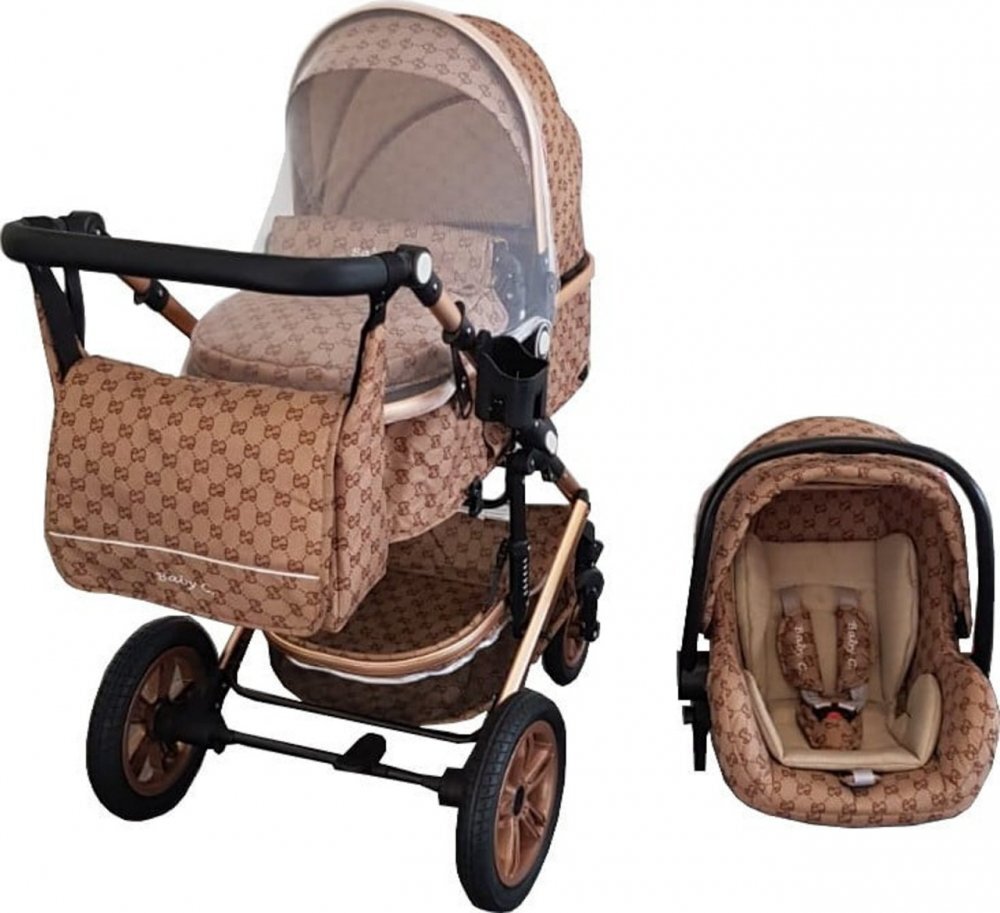 Baby Care Carucior pentru copii Pro 530 Crem cu Imprimeu Bambucci 3 in 1 Transformabil Cadru Aluminiu Amortizoare Roti din cauciuc Spatar reglabil 3 trepte Plasa insecte Geanta