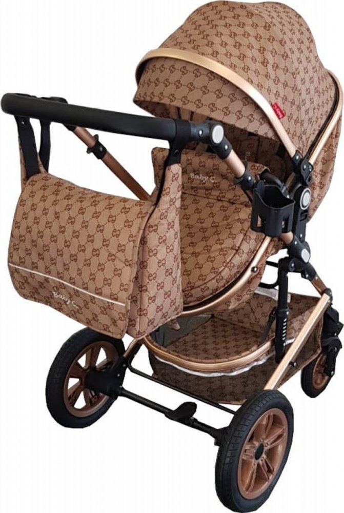 Baby Care Carucior pentru copii Pro 530 Crem cu Imprimeu Bambucci 3 in 1 Transformabil Cadru Aluminiu Amortizoare Roti din cauciuc Spatar reglabil 3 trepte Plasa insecte Geanta