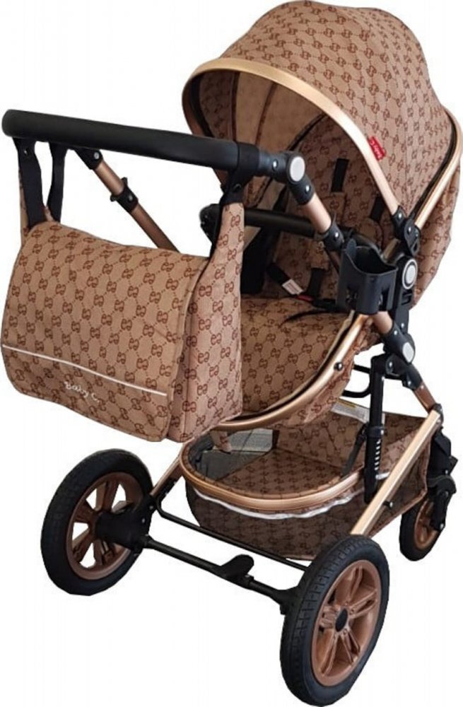 Baby Care Carucior pentru copii Pro 530 Crem cu Imprimeu Bambucci 3 in 1 Transformabil Cadru Aluminiu Amortizoare Roti din cauciuc Spatar reglabil 3 trepte Plasa insecte Geanta