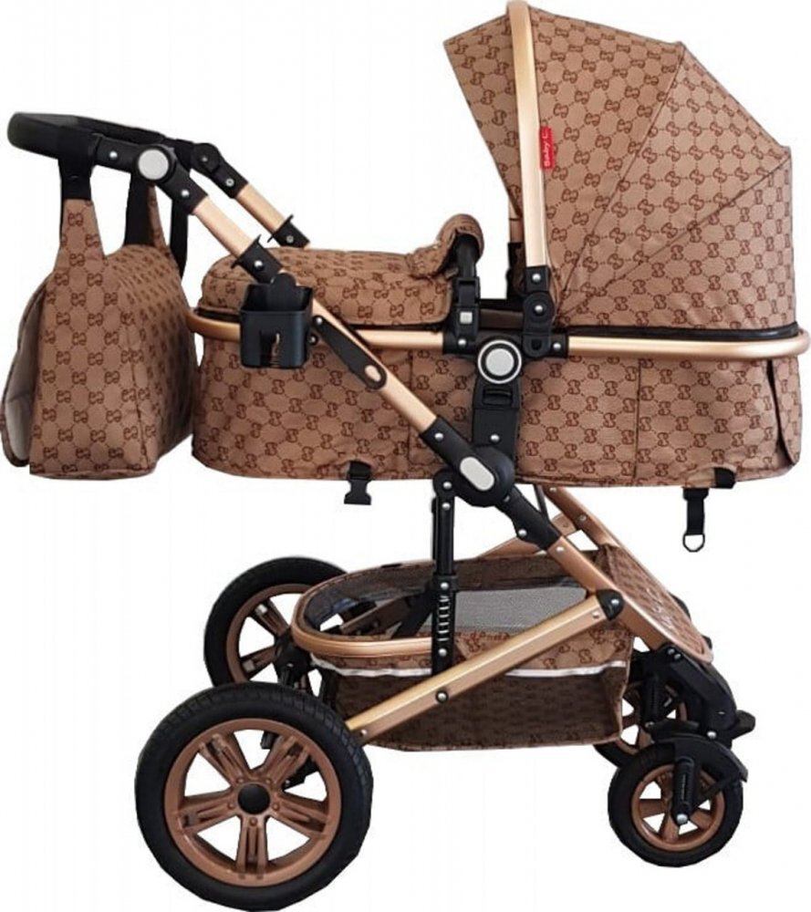 Baby Care Carucior pentru copii Pro 530 Crem cu Imprimeu Bambucci 3 in 1 Transformabil Cadru Aluminiu Amortizoare Roti din cauciuc Spatar reglabil 3 trepte Plasa insecte Geanta