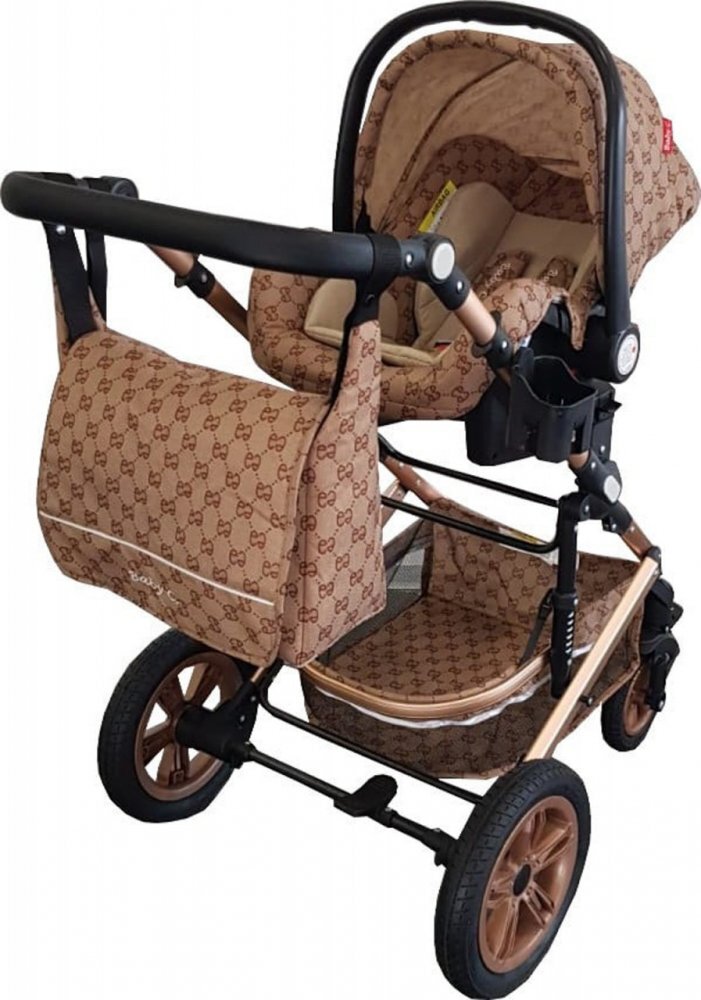 Baby Care Carucior pentru copii Pro 530 Crem cu Imprimeu Bambucci 3 in 1 Transformabil Cadru Aluminiu Amortizoare Roti din cauciuc Spatar reglabil 3 trepte Plasa insecte Geanta