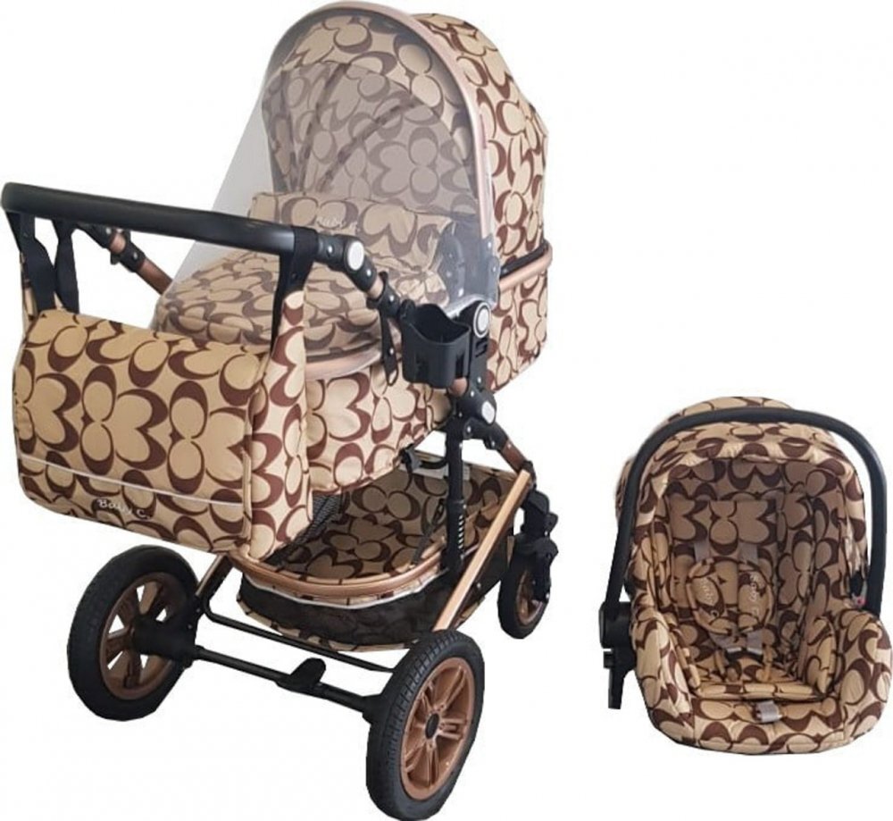 Baby Care Carucior pentru copii Pro 530 Crem cu Imprimeu Oval 3 in 1 Transformabil Cadru Aluminiu Amortizoare Roti din cauciuc Spatar reglabil 3 trepte Plasa insecte Geanta
