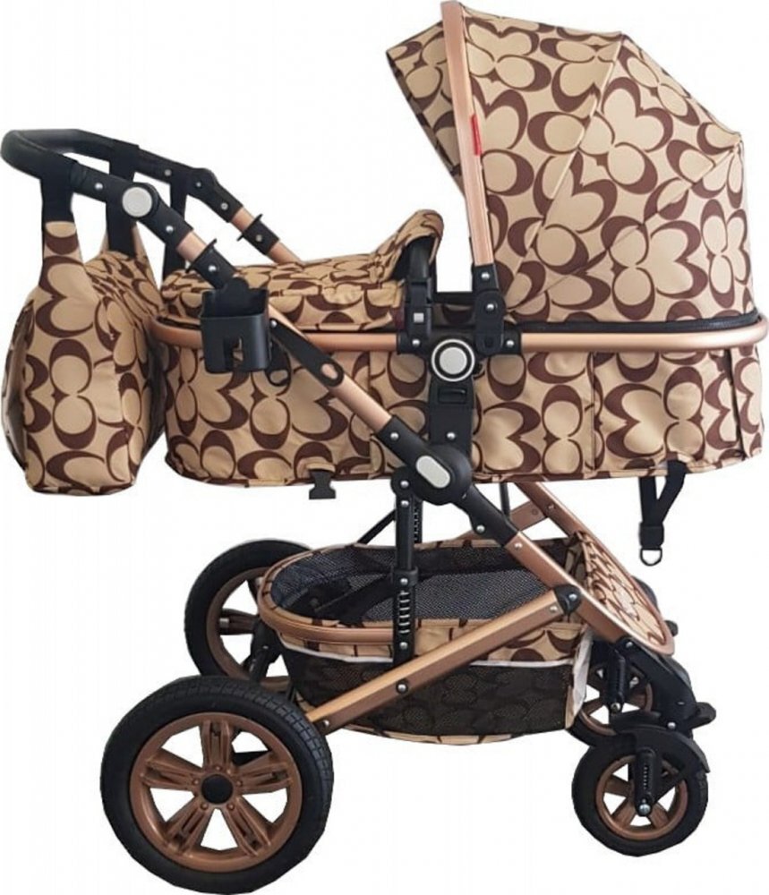 Baby Care Carucior pentru copii Pro 530 Crem cu Imprimeu Oval 3 in 1 Transformabil Cadru Aluminiu Amortizoare Roti din cauciuc Spatar reglabil 3 trepte Plasa insecte Geanta