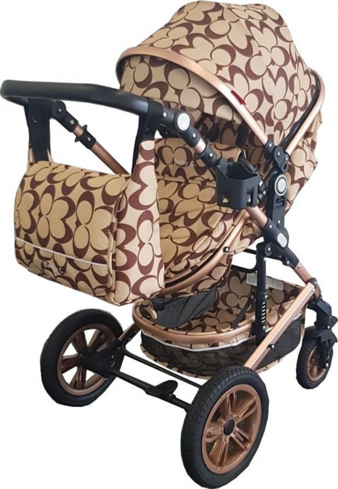 Baby Care Carucior pentru copii Pro 530 Crem cu Imprimeu Oval 3 in 1 Transformabil Cadru Aluminiu Amortizoare Roti din cauciuc Spatar reglabil 3 trepte Plasa insecte Geanta