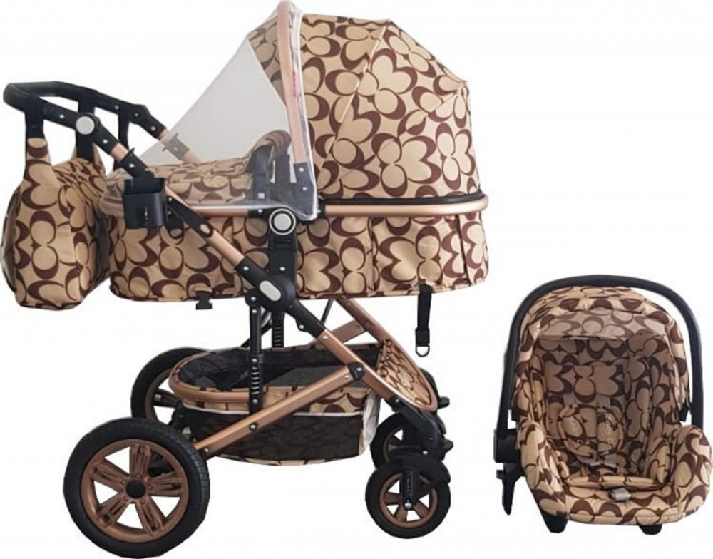 Baby Care Carucior pentru copii Pro 530 Crem cu Imprimeu Oval 3 in 1 Transformabil Cadru Aluminiu Amortizoare Roti din cauciuc Spatar reglabil 3 trepte Plasa insecte Geanta