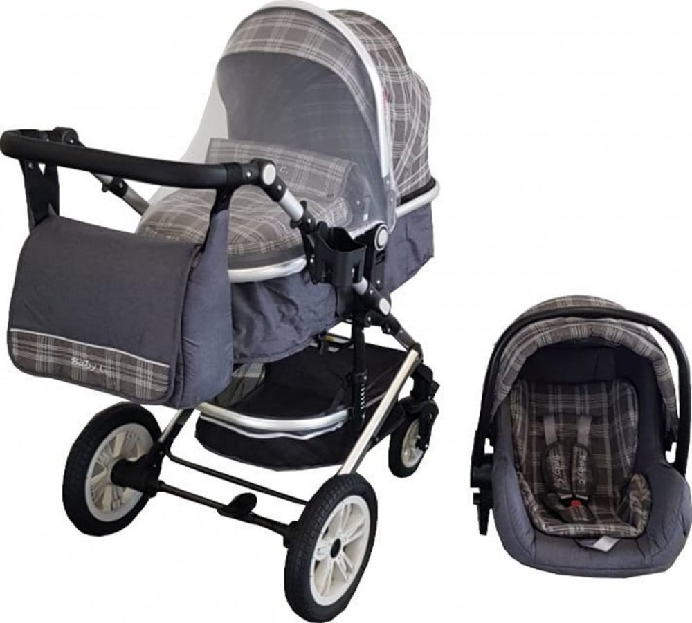 Baby Care Carucior pentru copii Pro 530 Gri Jeans Carouri 3 in 1 Transformabil Cadru Aluminiu Amortizoare Roti din cauciuc Spatar reglabil 3 trepte Plasa insecte Geanta
