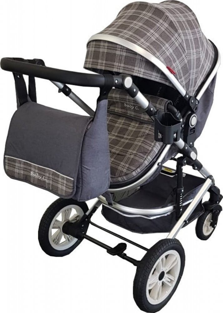 Baby Care Carucior pentru copii Pro 530 Gri Jeans Carouri 3 in 1 Transformabil Cadru Aluminiu Amortizoare Roti din cauciuc Spatar reglabil 3 trepte Plasa insecte Geanta