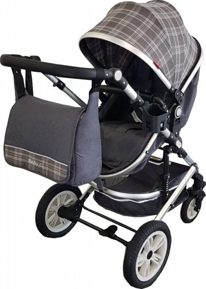 Baby Care Carucior pentru copii Pro 530 Gri Jeans Carouri 3 in 1 Transformabil Cadru Aluminiu Amortizoare Roti din cauciuc Spatar reglabil 3 trepte Plasa insecte Geanta
