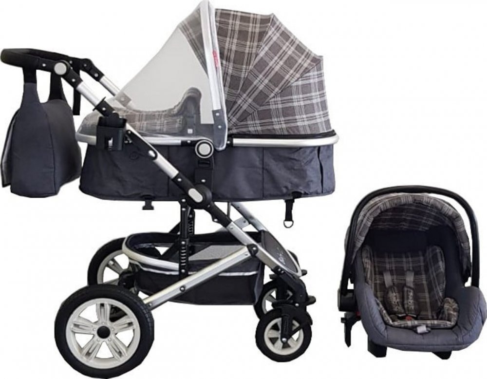 Baby Care Carucior pentru copii Pro 530 Gri Jeans Carouri 3 in 1 Transformabil Cadru Aluminiu Amortizoare Roti din cauciuc Spatar reglabil 3 trepte Plasa insecte Geanta
