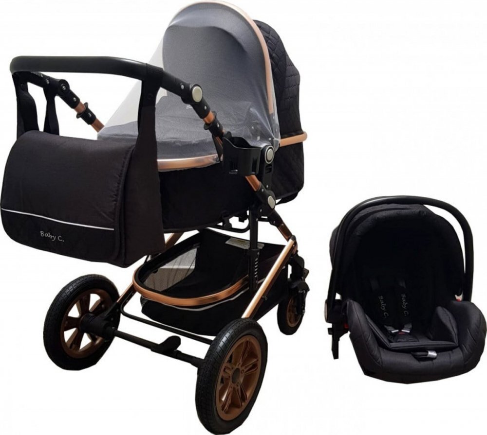 Baby Care Carucior pentru copii Pro 530 Negru 3 in 1 Transformabil Cadru Aluminiu Amortizoare Roti din cauciuc Spatar reglabil 3 trepte Plasa insecte Geanta