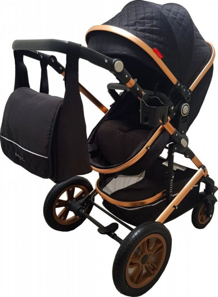 Baby Care Carucior pentru copii Pro 530 Negru 3 in 1 Transformabil Cadru Aluminiu Amortizoare Roti din cauciuc Spatar reglabil 3 trepte Plasa insecte Geanta