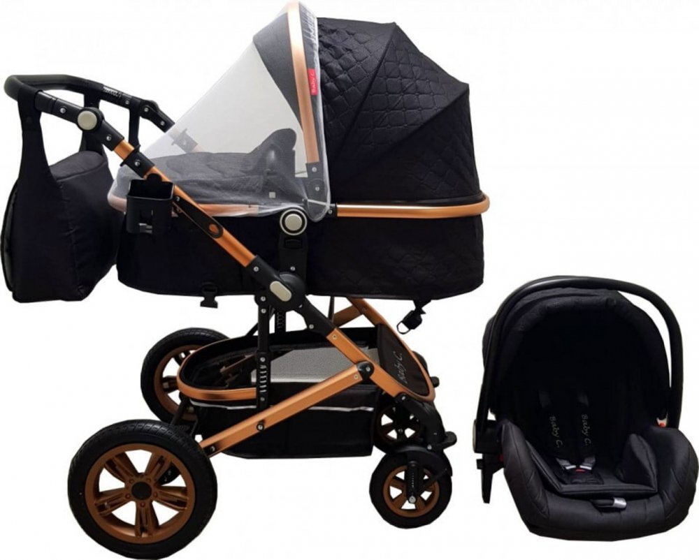 Baby Care Carucior pentru copii Pro 530 Negru 3 in 1 Transformabil Cadru Aluminiu Amortizoare Roti din cauciuc Spatar reglabil 3 trepte Plasa insecte Geanta
