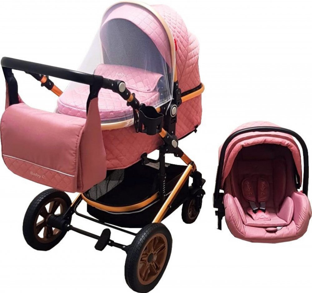 Baby Care Carucior pentru copii Pro 530 Roz 3 in 1 Transformabil Cadru Aluminiu Amortizoare Roti din cauciuc Spatar reglabil 3 trepte Plasa insecte Geanta
