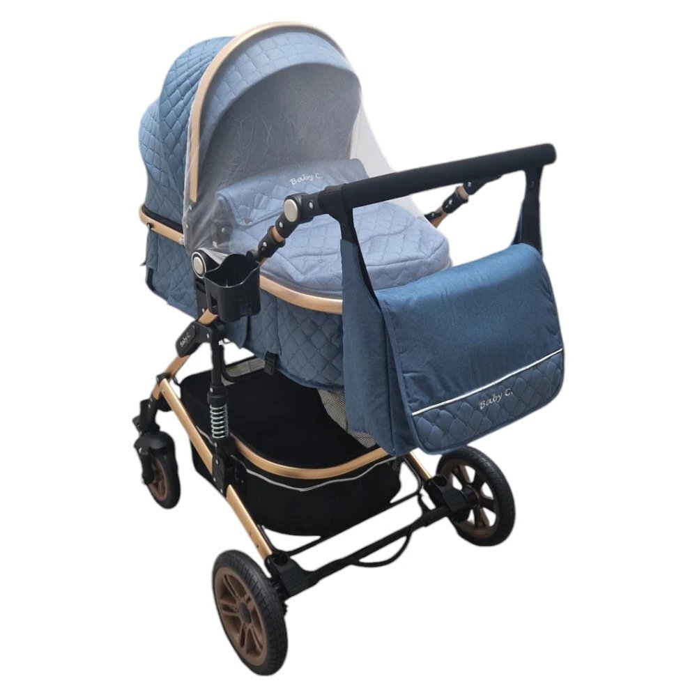 Baby Care Carucior pentru copii PRO 531 Albastru 2 in 1 Cu geanta bebe Cadru Aluminiu Gold Amortizoare Roti din cauciuc plin Spatar reglabil 3 trepte Plasa insecte