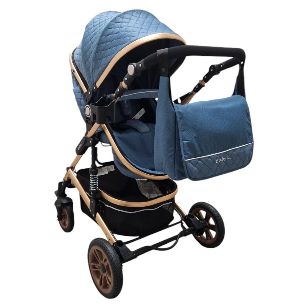 Baby Care Carucior pentru copii PRO 531 Albastru 2 in 1 Cu geanta bebe Cadru Aluminiu Gold Amortizoare Roti din cauciuc plin Spatar reglabil 3 trepte Plasa insecte