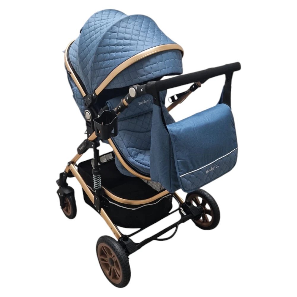 Baby Care Carucior pentru copii PRO 531 Albastru 2 in 1 Cu geanta bebe Cadru Aluminiu Gold Amortizoare Roti din cauciuc plin Spatar reglabil 3 trepte Plasa insecte