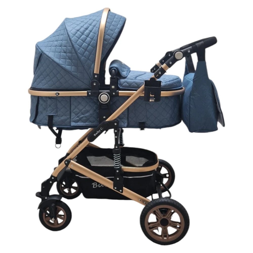 Baby Care Carucior pentru copii PRO 531 Albastru 2 in 1 Cu geanta bebe Cadru Aluminiu Gold Amortizoare Roti din cauciuc plin Spatar reglabil 3 trepte Plasa insecte