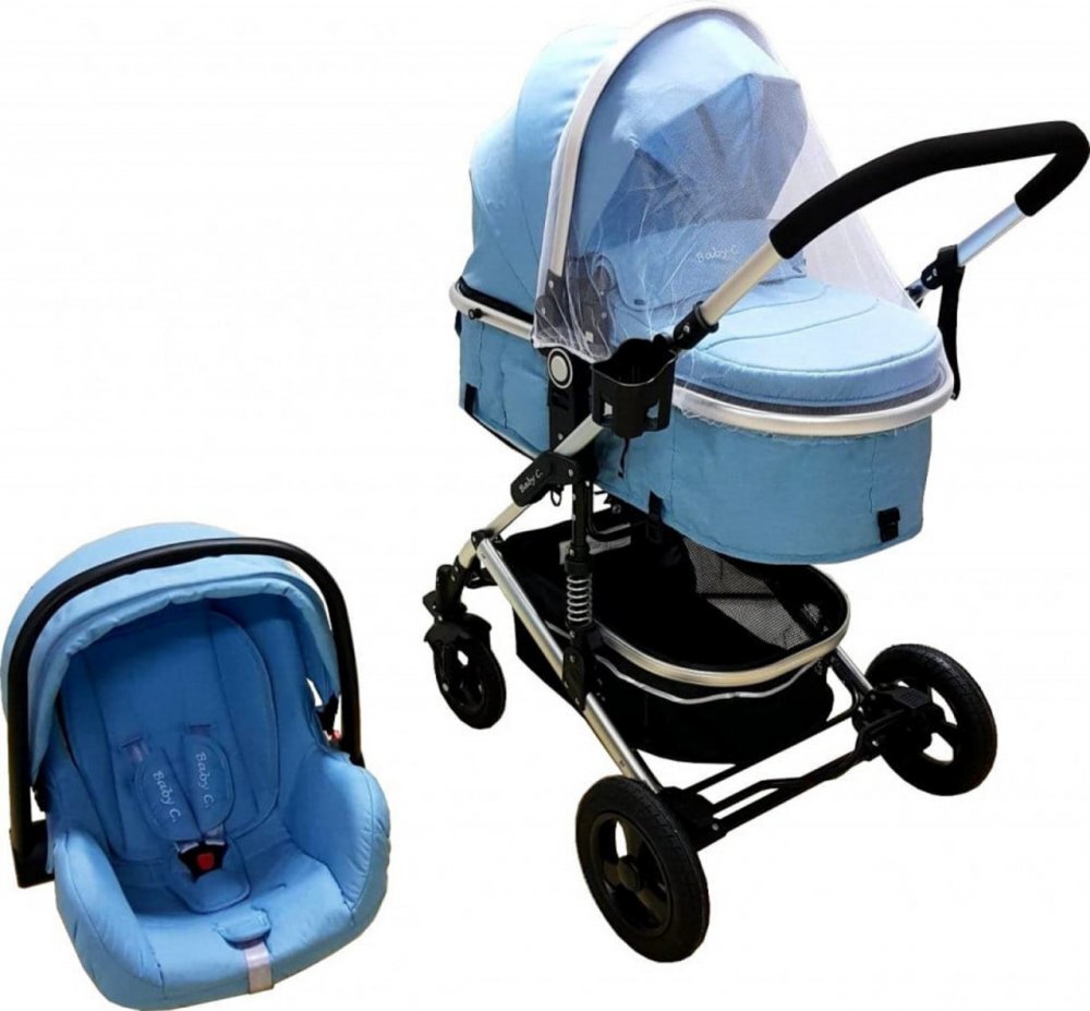 Baby Care Carucior pentru copii PRO 531 Albastru 3 in 1 Cadru Aluminiu Amortizoare Roti din cauciuc plin Landou Scoica auto Spatar reglabil 3 trepte Plasa insecte