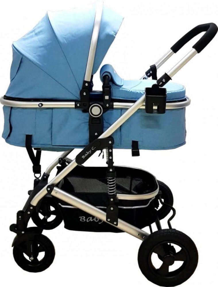 Baby Care Carucior pentru copii PRO 531 Albastru 3 in 1 Cadru Aluminiu Amortizoare Roti din cauciuc plin Landou Scoica auto Spatar reglabil 3 trepte Plasa insecte