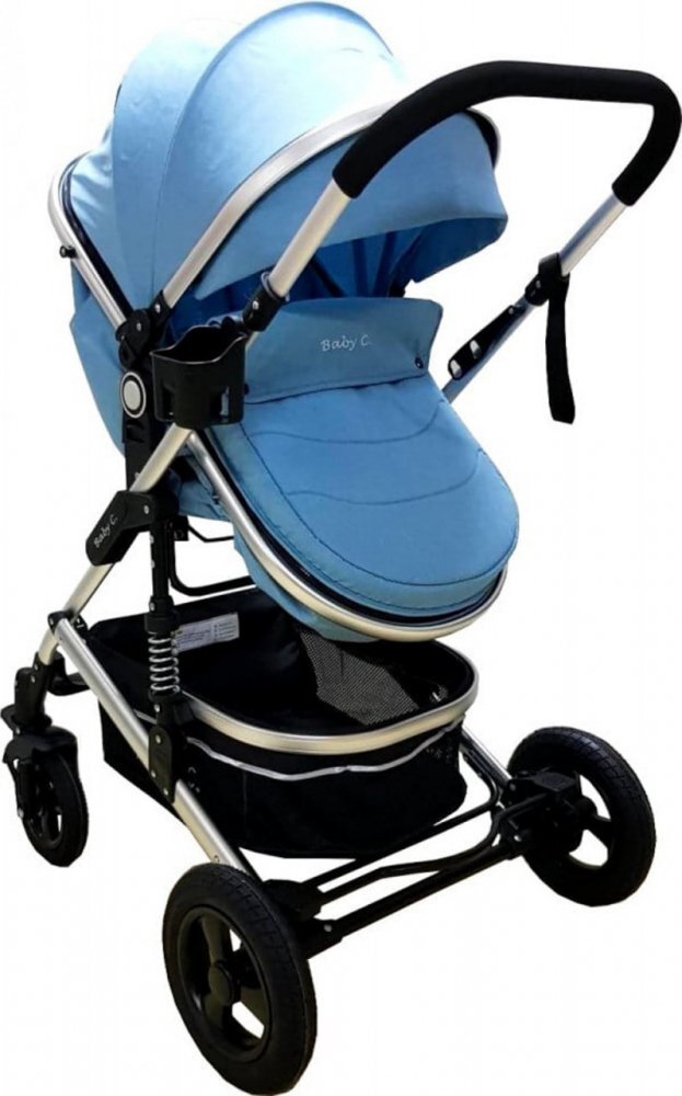 Baby Care Carucior pentru copii PRO 531 Albastru 3 in 1 Cadru Aluminiu Amortizoare Roti din cauciuc plin Landou Scoica auto Spatar reglabil 3 trepte Plasa insecte