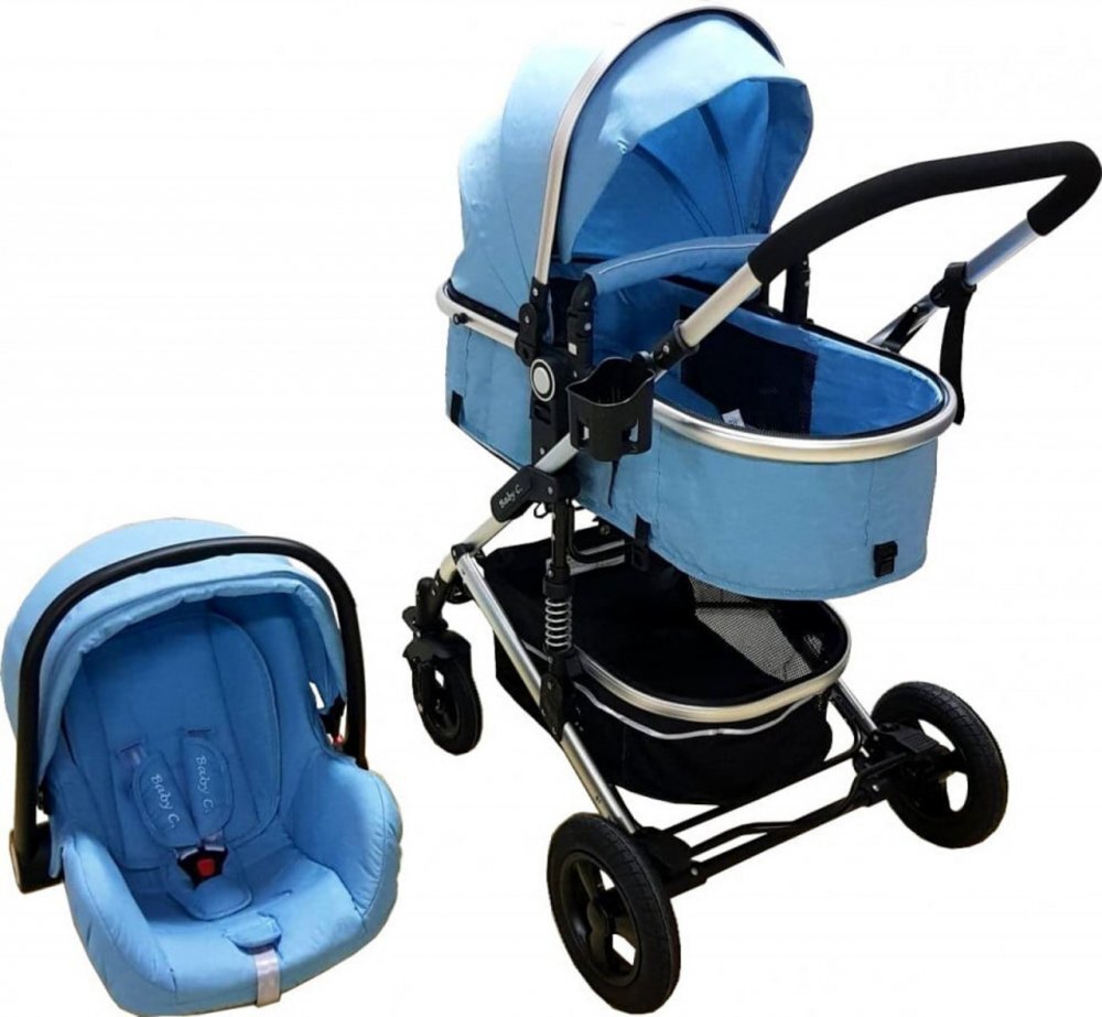 Baby Care Carucior pentru copii PRO 531 Albastru 3 in 1 Cadru Aluminiu Amortizoare Roti din cauciuc plin Landou Scoica auto Spatar reglabil 3 trepte Plasa insecte