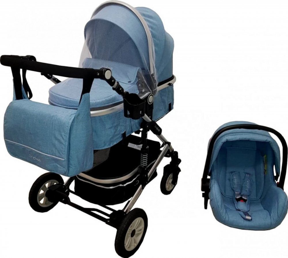 Baby Care Carucior pentru copii Pro 531 Albastru 3 in 1 Transformabil Cadru Aluminiu Amortizoare Roti din cauciuc Spatar reglabil 3 trepte Plasa insecte Geanta