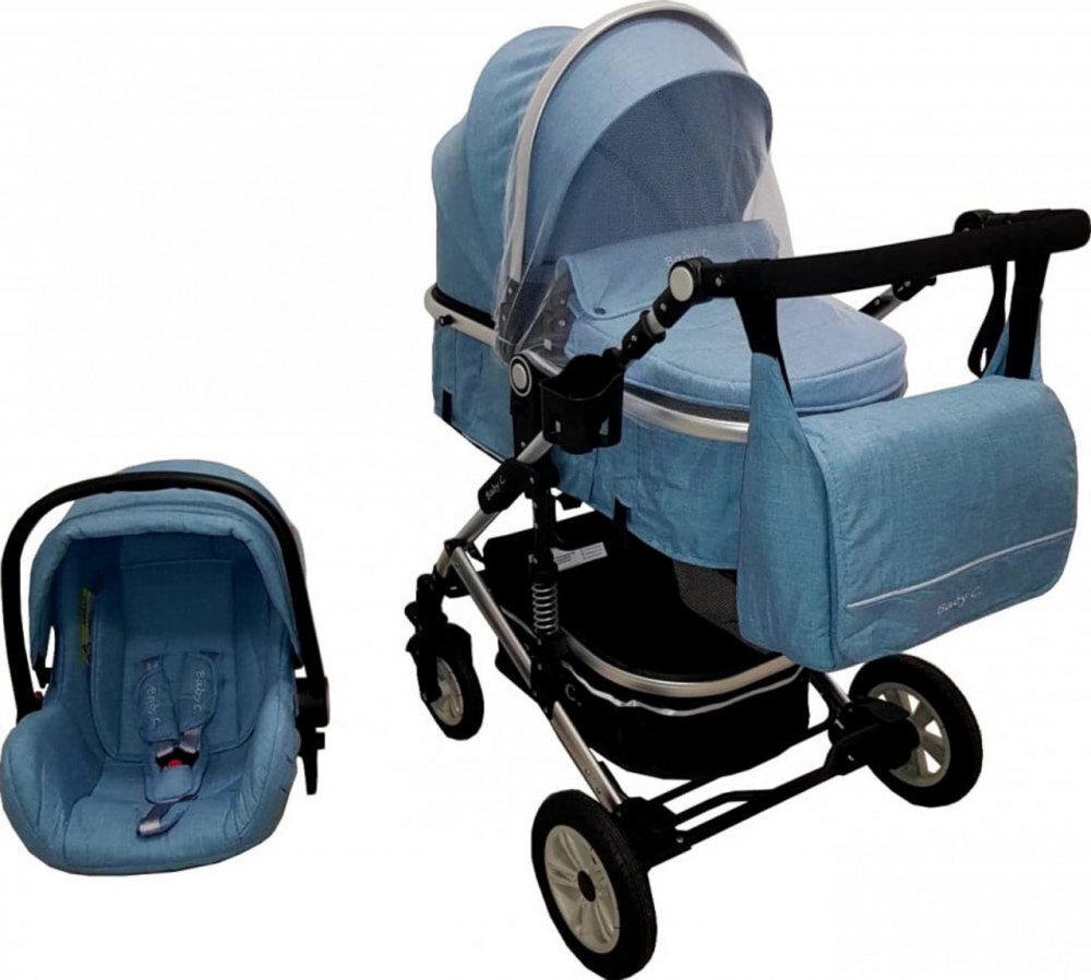 Baby Care Carucior pentru copii Pro 531 Albastru 3 in 1 Transformabil Cadru Aluminiu Amortizoare Roti din cauciuc Spatar reglabil 3 trepte Plasa insecte Geanta