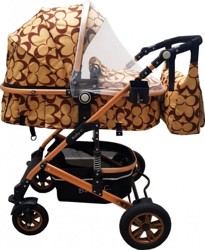 Baby Care Carucior pentru copii Pro 531 Bej cu fluturi maro 3 in 1 Transformabil Cadru Aluminiu Amortizoare Roti din cauciuc Spatar reglabil 3 trepte Plasa insecte Geanta