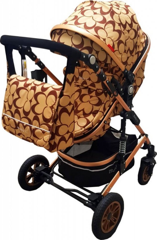 Baby Care Carucior pentru copii Pro 531 Bej cu fluturi maro 3 in 1 Transformabil Cadru Aluminiu Amortizoare Roti din cauciuc Spatar reglabil 3 trepte Plasa insecte Geanta