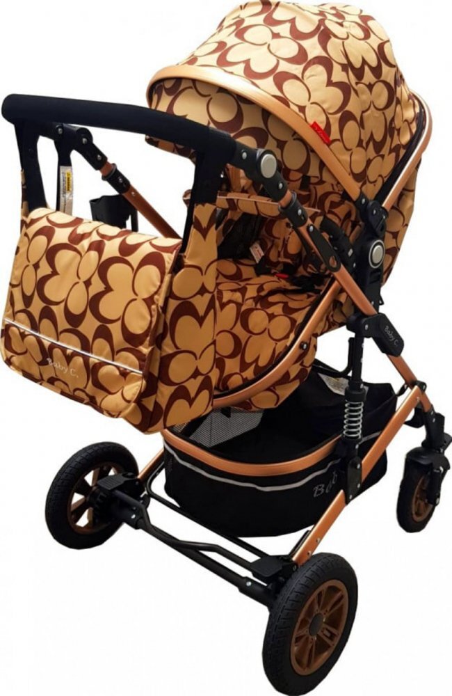 Baby Care Carucior pentru copii Pro 531 Bej cu fluturi maro 3 in 1 Transformabil Cadru Aluminiu Amortizoare Roti din cauciuc Spatar reglabil 3 trepte Plasa insecte Geanta