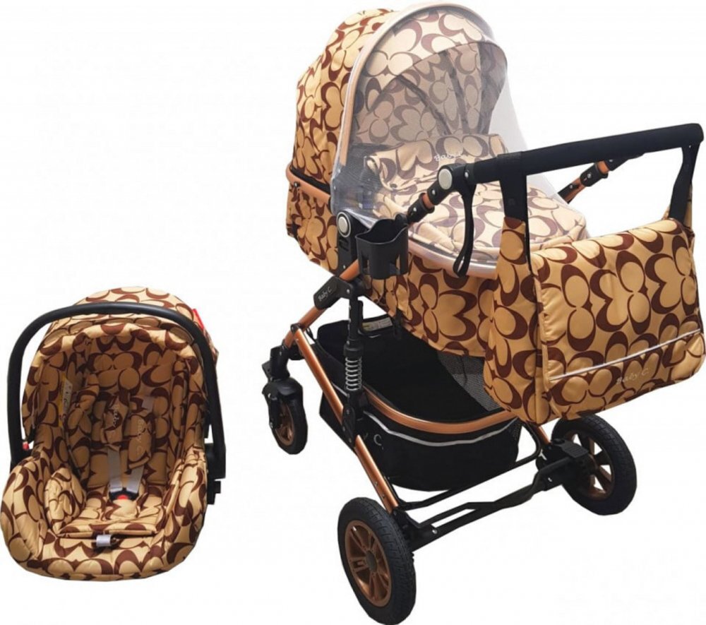 Baby Care Carucior pentru copii Pro 531 Bej cu fluturi maro 3 in 1 Transformabil Cadru Aluminiu Amortizoare Roti din cauciuc Spatar reglabil 3 trepte Plasa insecte Geanta